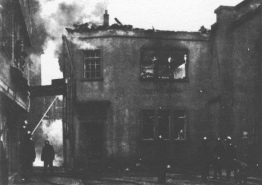 Encyclopaedia Judaica (1971): Hanau, vol. 7,
                    col. 1257-1258. The burning of the 17th-century
                    Hanau synagogue by the Nazis [[probably an S.A.
                    attack, German firemen are fighting the fire]]