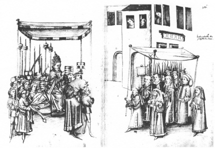 Encyclopaedia Judaica (1971): Constance, vol.
                    5, col. 913-914. Pope Martin V blesses the Jewish
                    delegation at Constance, Germany, 1417. Full page
                    miniature from the Chronicle of the Council of
                    Constance, 1414-18, by Ulrich von Richental, fols.
                    105b and 106a. Constance, Rosgarten Museum.