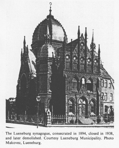 Encyclopaedia Judaica (1971): Jews in Lueneburg,
                  vol. 11, col. 557: The Lueneburg synagogue,
                  consecrated in 1894, closed in 1938, and later
                  demolished. Courtesy Lueneburg Municipality. Photo:
                  Makovec, Lueneburg