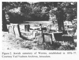 Encyclopaedia Judaica (1971): Worms, vol. 16,
                  col.645. Jewish cemetery of Worms, established in
                  1076-77. Courtesy Yad Vashem Archives, Jerusalem