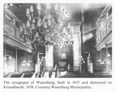 Encyclopaedia Judaica (1971): Wuerzburg, vol. 16,
                  col. 676. The synagogue of Wuerzburg, built in 1837
                  and destroyed on Kristallnacht, 1938. Courtesy
                  Wuerzburg Municipality.