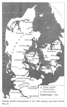Encyclopaedia Judaica (1971):
                                Jews in Denmark, vol. 5, col. 1536, map
                                of the Jewish communities in Denmark in
                                the 19th century: Copenhagen, Roskilde,
                                Hillerod, Helsingor, Ringsted, Stagelse,
                                Naestved, Nakskov, Svendborg, Faaborg,
                                Nybord, Odense, Middelfart, Fredericia,
                                Haderslev, Horsens, Aarhus, Randers,
                                Viborg, Aalborg. Old Jewish cemeteries
                                in Denmark: Copenhagen, Slagelse,
                                Nakskov, Faaborg, Assens, Odense,
                                Randers, Viborg, Aalborg. Jewish
                                communities in Schleswig Holstein which
                                was Danish before: Schleswig,
                                Friedrichstadt, Kiel, Rendsburg,
                                Luebeck, Moisling, Glueckstadt, Altona,
                                Wandsbek.
