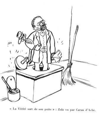 Cartoon of Caran
                          d'Ache: Zola coming with Dreyfus out of a
                          well: The truth is coming out