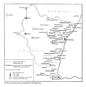 Encyclopaedia Judaica (1971): Alsace, vol. 2,
                  col. 751-752. Map of Alsace with the Jewish
                  communities in Middle Ages and communities continuing
                  from Middle Ages to mid 19th cent.