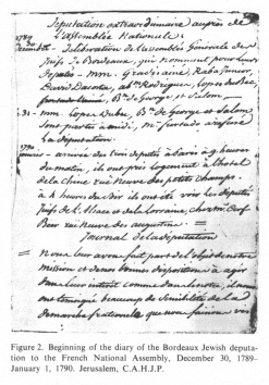 Encyclopaedia Judaica (1971): Bordeaux, vol. 4,
                    col. 1246. Beginning of the diary of the Bordeaux
                    Jewish deputation to the French National Assembly,
                    December 30, 1789-January 1, 1790. Jerusalem,
                    C.A.H.J.P.