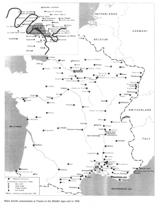 Encyclopaedia Judaica (1971): France, vol. 7,
                  col. 11-12. Map with the main Jewish communities in
                  France in the Middle Ages and in 1968