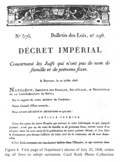 Encyclopaedia Judaica (1971): France,
                          vol. 7, col. 27. First page of Napoleon's
                          decree of July 20, 1808, ordering all Jews to
                          adopt surnames. Cecil Roth Photo Collection.