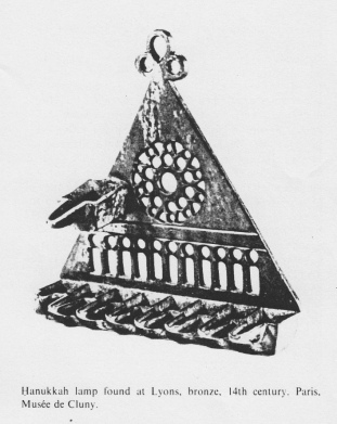 Encyclopaedia Judaica: Jews in Lyon, vol. 11,
                  col. 624, Hanukkah lamp found at Lyons, bronze, 14th
                  century. Paris, Mus� de Cluny