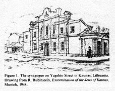 Encyclopaedia Judaica (1971): Kaunas (Kovno),
                  vol. 10, col. 847, photo 1: the synagogue on Yagshto
                  Street in Kaunas, Lithuania. Drawing from R.
                  Rubinstein: Extermination of the Jews of Kaunas,
                  Munich, 1948