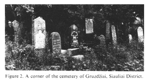 Encyclopaedia
Judaica (1971): Lithuania, vol. 11, col. 365-366: a
corner of the cemetery of Gruzdziai (Gruzd¾iai) Encyclopaedia Judaica (1971):
Lithuania, vol. 11, col. 365-366: a corner of the
cemetery of Gruzdziai (Gruzd¾iai)