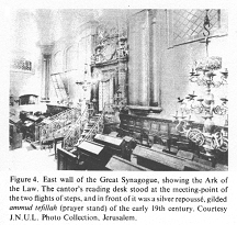 Encyclopaedia Judaica (1971): Vilna, vol.16, col.
                  141-142, photo 4: east wall of the Great Synagogue,
                  showing the Ark of the Law. The cantor's reading desk
                  stood at the meeting-point of the two flights of
                  steps, and in front of it was a silver repouss�,
                  gilded ammud tefillah (prayer stand) of the early 19th
                  century. Courtesy J.N.U.L. Photo Collection,
                  Jerusalem