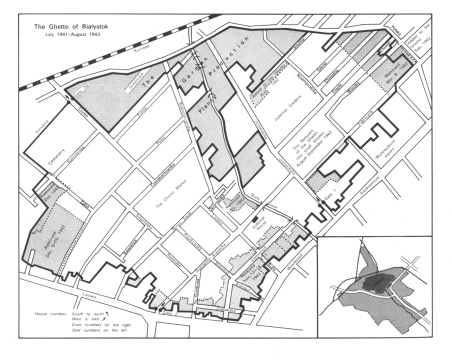 Encyclopaedia Judaica (1971): Bialystok, vol. 4,
                col. 805-806. Plan (map) of the ghetto of Bialystok July
                1941-August 1943