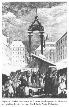 Encyclopaedia Judaica (1971): Cracow, vol. 5,
                  col. 1039. Jewish merchants in Cracow marketplace. A
                  19th-century etching by A. Hervieu. Cecil Roth Photo
                  Collection.