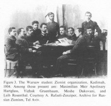 Encyclopaedia Judaica (1971): Warsaw, vol. 16, col.
                338. The Warsaw [[racist]] student Zionist organization,
                Kadimah, 1904. Among those present are: Maximilian Meir
                Apolinary Hartglass, Yizhak Gruenbaum, Moshe Dukovani,
                and Leib Rosenthal. Courtesy A. Rafaeli-Zenziper,
                Archive for Russian [[racist]] Zionism, Tel Aviv