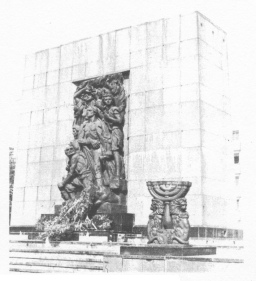 Encyclopaedia Judaica (1971): Warsaw,
                          vol. 16, col. 351. Memorial of the Warsaw
                          ghetto uprising with group of persons and
                          candle stand (menorah), from Nathan Rapaport,
                          1948.