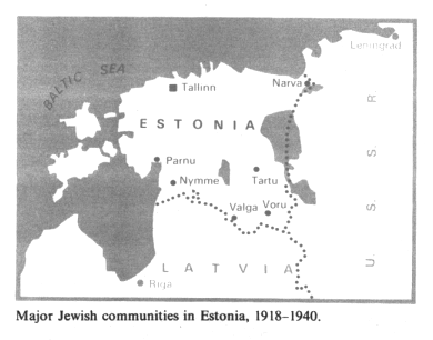 Encyclopaedia Judaica (1971):
                Estonia, vol. 6, col. 917, map with major Jewish
                communities in Estonia, 1918-1940: Tallin, Parnu, Nymme,
                Narva, Tartu, Valga, and Voru