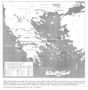 Encyclopaedia Judaica (1971): Greece,
                              vol. 7, col. 869-870: map of Jewish
                              communities in Greece [[of Greece in the
                              boundaries of 1919]]