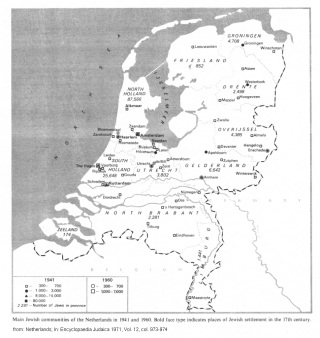 Encyclopaedia Judaica 1971:
                                Netherlands, vol. 12, col. 973-974, map
                                of the Jewish settlements 1941 and 1960