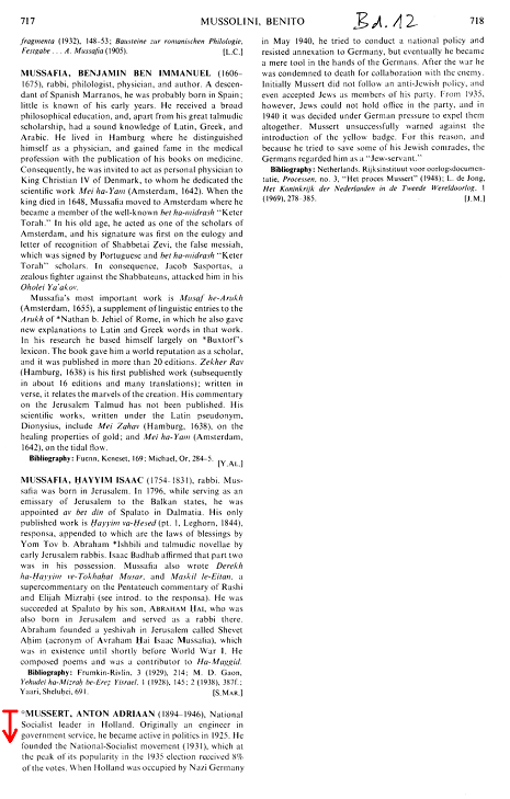 Encyclopaedia Judaica 1971: Mussert, vol. 12,
                    col. 717-718