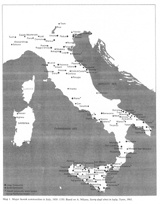 Encyclopaedia
Judaica (1971): Italy, vol. 9, col. 1117-1118, map
with the major Jewish communities in Italy, 1450-1550.
Based on A. Milano: Storia degli ebrei in Italia,
Turin, 1963 Encyclopaedia Judaica (1971): Italy, vol. 9, col.
1117-1118, map with the major Jewish communities in
Italy, 1450-1550. Based on A. Milano: Storia degli
ebrei in Italia, Turin, 1963