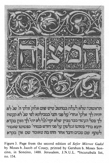 Encyclopaedia Judaica (1971): Italy, vol. 9,
col. 1125, page from the secondd edition of
"Sefer Mitzvot Gadol" by Moses b. Jacob of
Coucy, printed by Gershon b. Moses Soncino, in
Soncino, 1488. Jerusalem, J.N.U.L. *Incunabula list,
no. 154 Encyclopaedia Judaica (1971): Italy, vol. 9, col.
1125, page from the secondd edition of "Sefer
Mitzvot Gadol" by Moses b. Jacob of Coucy,
printed by Gershon b. Moses Soncino, in Soncino, 1488.
Jerusalem, J.N.U.L. *Incunabula list, no. 154