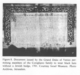 Encyclopaedia Judaica (1971): Italy,
                            vol. 9, col. 1131-1132, document issued by
                            the Grand Duke of Venice permitting members
                            of the Conigliano family to wear black hats
                            without a Jewish badge, 1701. Courtesy
                            Israel Museum. Photo Archives, Jerusalem