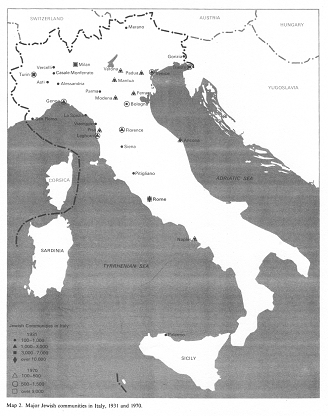 Encyclopaedia Judaica (1971): Italy, vol. 9,
                      col. 1133-1134, map with the major Jewish
                      communities in Italy, 1931 and 1970