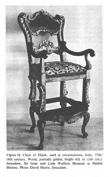 Encyclopaedia Judaica (1971): Italy, vol. 9,
                    col. 1140, chair of Elijah, used at circumcisions,
                    Italy, 17th / 18th century. Wood, partially gilded,
                    height 63 1/2 in (161 cm). Jerusalem, Sir Isaac and
                    Lady Wolfson Museum in Hechal Shlomo. Photo David
                    Harris, Jerusalem