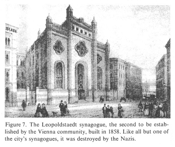 Encyclopaedia Judaica: Vienna, vol.16, col.129:
                synagogue of 1858: The Leopoldstaedt synagogue, the
                second to be established by the Vienna community, built
                in 1858. Like all but one of the city's synagogues, it
                was destroyed by the Nazis.
