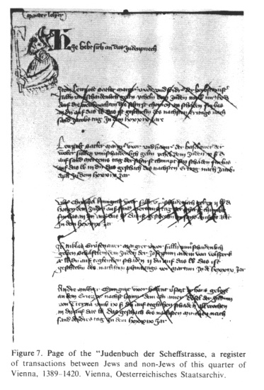 Encyclopaedia Judaica: Austria,
                  vol.3, col.901: Jewish booklet of Scheff street
                  (Scheffstrasse): Page of the "Judenbuch der
                  Scheffstrasse", a register of transactions
                  between Jews and non-jews of this quarter of vienna,
                  1389-1420. Vienna, national public record office
                  (�sterreichisches Staatsarchiv).