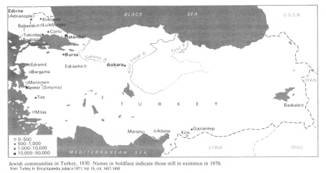 Encyclopaedia Judaica 1971, Turkey, vol.15,
                  col.1457-1458, map with Jewish centers of 1930 and
                  1970