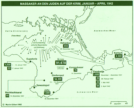 Map of Holocaust massacres in the Crimea
1941-1942 (map originally by Martin Gilbert) Map of Holocaust massacres in the Crimea
1941-1942 (map originally by Martin Gilbert)
