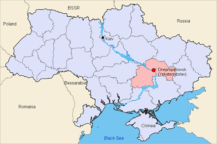 Map of Ukraine with the positions of
                  Dnepropetrovsk (Yekaterinoslav) and Kiev (Kiew)