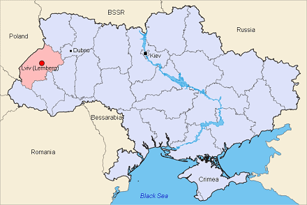 Map of Ukraine with the positions of Lviv
                  (Lemberg), Dubno and Kiev (Kiew)
