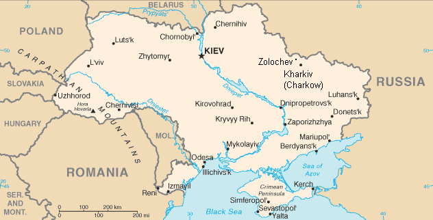Map of Ukraine with the positions
                of Kharkov (Charkow), Zolochev and Kiev (Kiew)