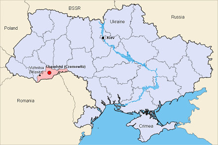 Map of Ukraine with the positions of Chernivtsi
                  (Czernowitz) and Vizhnitsa (Germ. Wiznitz) and Kiev