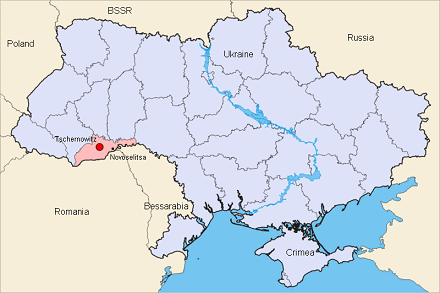 Map of Ukraine with the positions of Chernivtsi
                    and Novoselitsa [3]