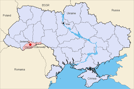 Map of Ukraine with the positions of Chernivtsi
                  (Czernowitz), Zastavna and Kiev
