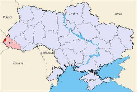 Map of Ukraine with the position of Uzhgorod
                  (Uzhorod, Ungv�r, Uzhhorod)