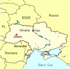 Map of Ukraine with the positions
                of Zbarazh (Sbarasch) and Kiev (Kiew)