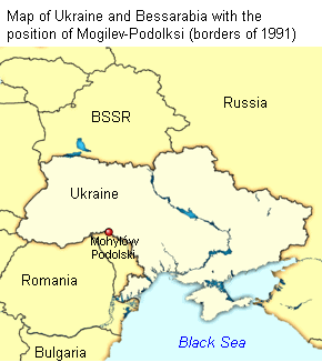 Map with
                  Ukraine and Bessarabia with the position of
                  Mogilev-Podolski (borders of 1991)