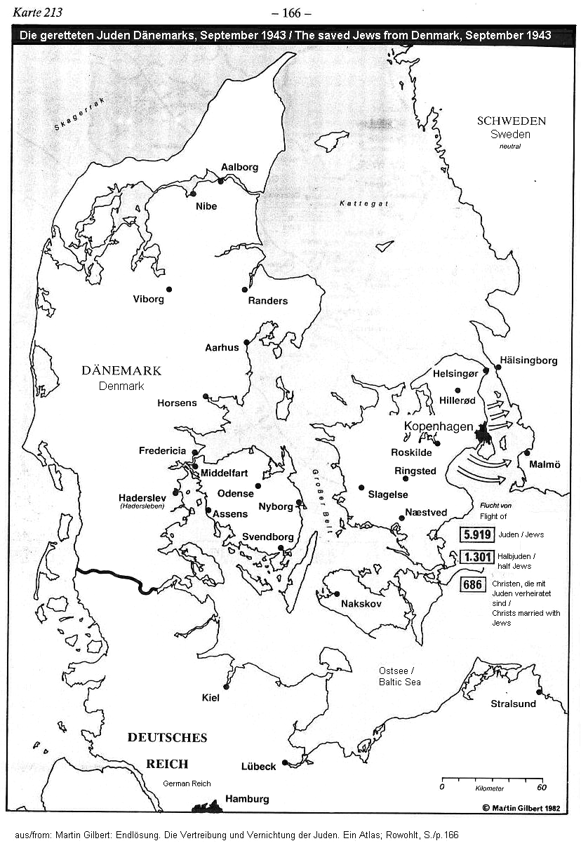 Judenverfolgung: Die geretteten Juden D�nemarks
                    mit der Flucht nach Schweden, September 1943, Karte
