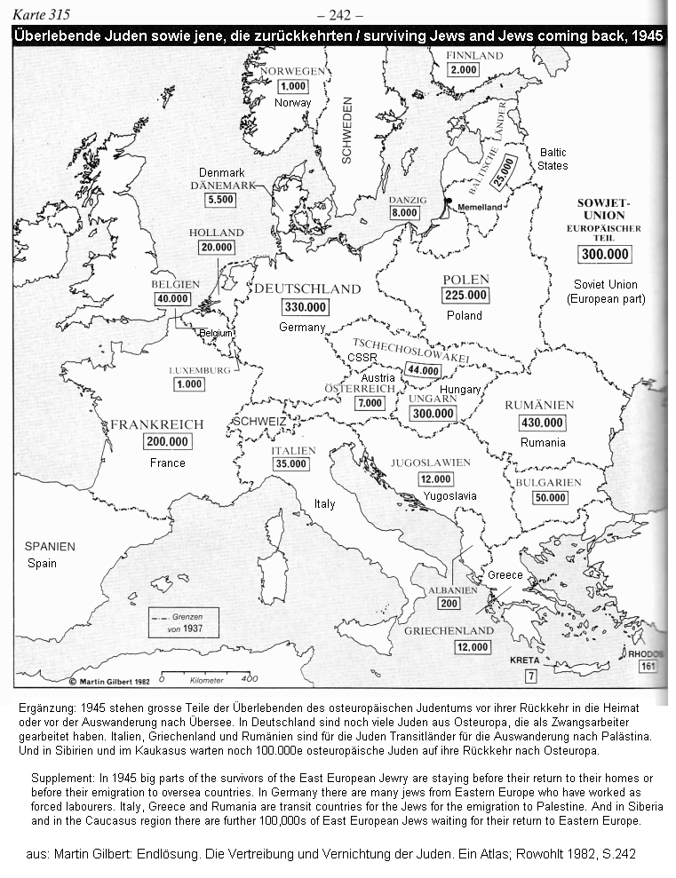 Europa
                      1945: Holocaust-�berlebende und zur�ckgewanderte
                      Juden, Karte