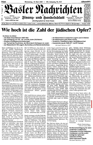 Basler Nachrichten 1946: 1-1,5 Mio.
                          j�dische Opfer unter dem NS-Regime m�glich