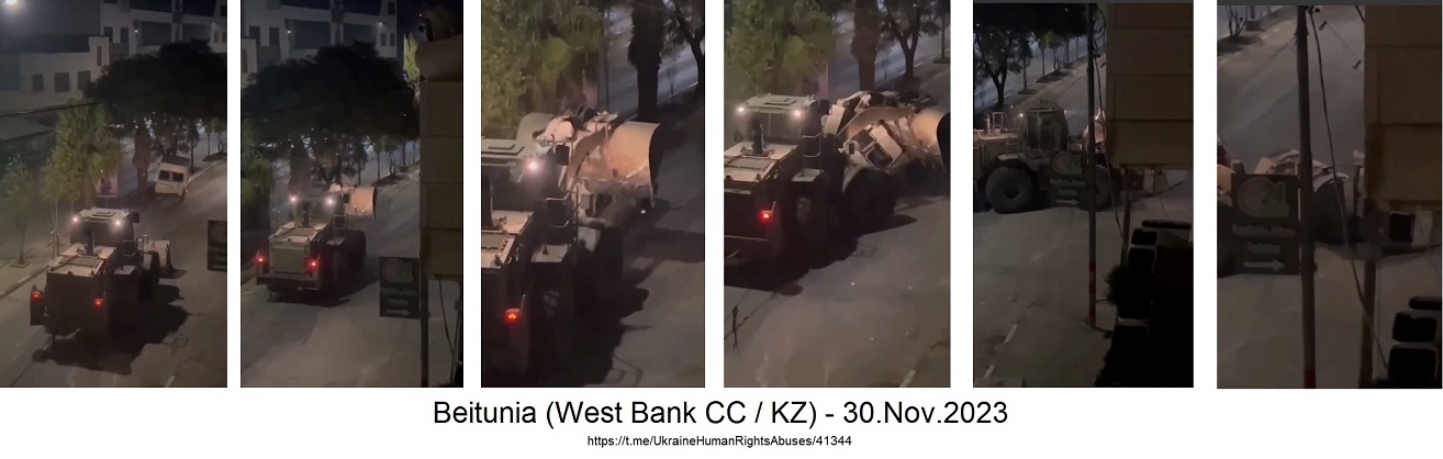 Beitunia (West
                Bank-KZ) am 30.11.2023 - 2:26h: Ein Nazi-Bagger der
                Nazi-Zion-Armee zerst�rt einen pal�stinensischen
                Trasporter