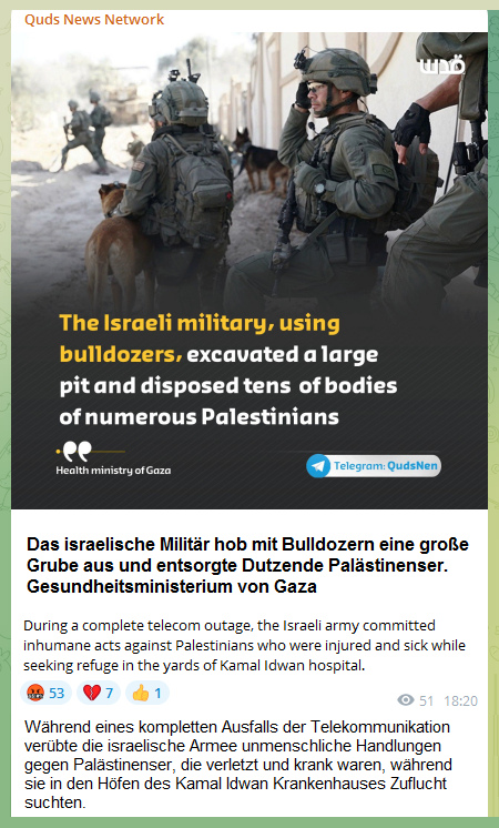 Kamal-Adwan-Krankenhaus (Nord-Gaza City-KZ)
                      am 17.12.2023: Kriminelle Nazi-Zion-Armee entsorgt
                      Spitalpatienten in Leichengrube