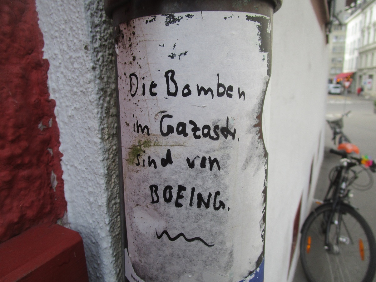 Grafitto Basel
                    8.2.2024: Die Bomben im Gazastreifen sind von
                    BOEING
