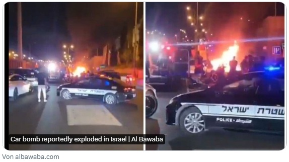 Nazisrael in Bat Yam am 6.4.2024: Autobombe geht
                  hoch - angeblich 3 Tote und 4 Schwerverletzte