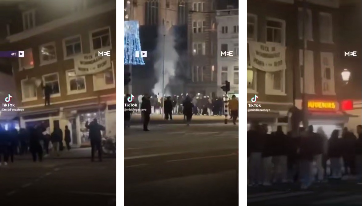 Rechtsradikale Fussballfans von
                  Maccabi Tel Aviv in Amsterdam am 6.11.2024: Einige
                  klettern Fassaden hoch