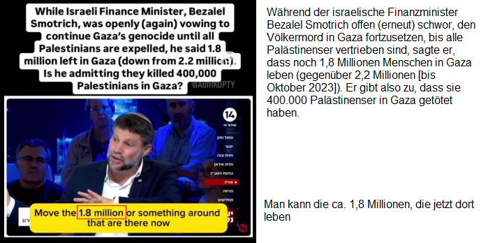 Nazi-Zionist Smotrich: Es leben noch
                  1,8 Millionen Pal�stinenser im Gazastreifen-KZ
                  (28.6.2025)